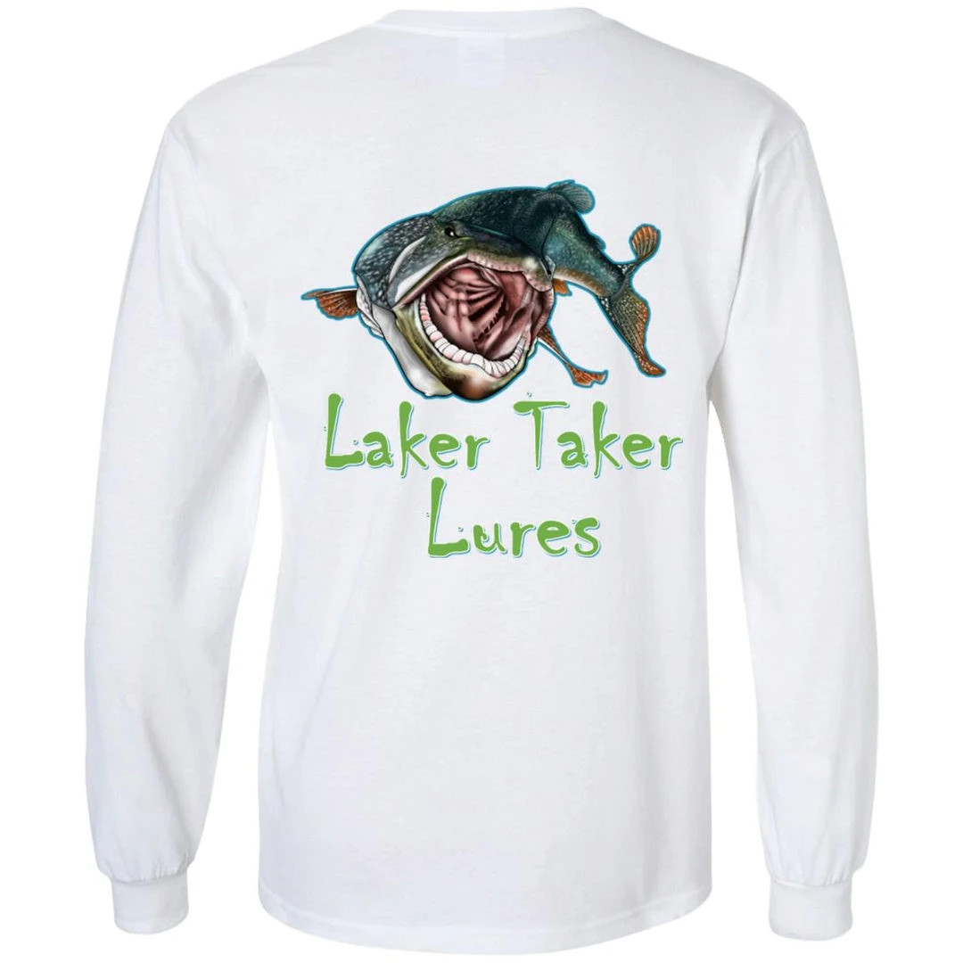 CustomCat Men's Long Sleeve Laker Taker Tee - Red/Black Logo Laker Taker Lures & Swag 8 CustomCat Men's Long Sleeve Laker Taker Tee - Red/Black Logo Laker Taker Lures & Swag