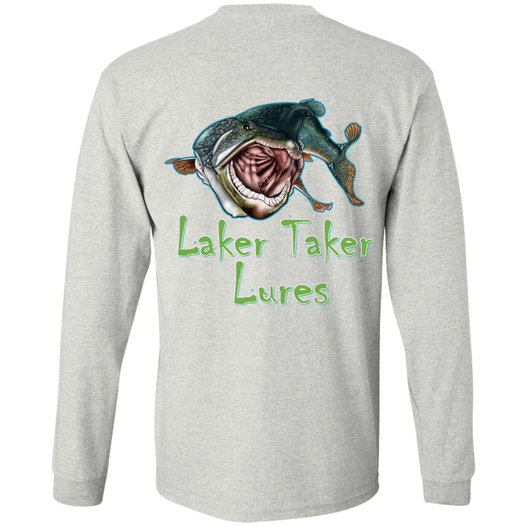 CustomCat Men's Long Sleeve Laker Taker Tee - Red/Black Logo Laker Taker Lures & Swag 7 CustomCat Men's Long Sleeve Laker Taker Tee - Red/Black Logo Laker Taker Lures & Swag