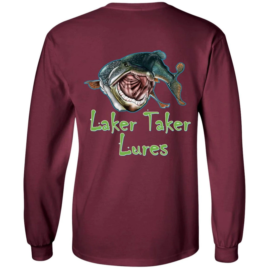 CustomCat Men's Long Sleeve Laker Taker Tee - Red/Black Logo Laker Taker Lures & Swag 16 CustomCat Men's Long Sleeve Laker Taker Tee - Red/Black Logo Laker Taker Lures & Swag