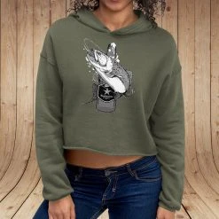 Ice Strong Outdoors Fancy-Ladies Only! Rockstarlette Fishing And Beer Logo, CROPPED Fleece Lined Pullover Hoodie